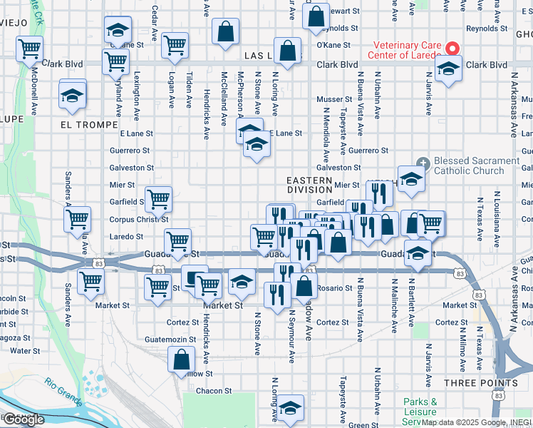map of restaurants, bars, coffee shops, grocery stores, and more near 1312 Corpus Christi St in Laredo
