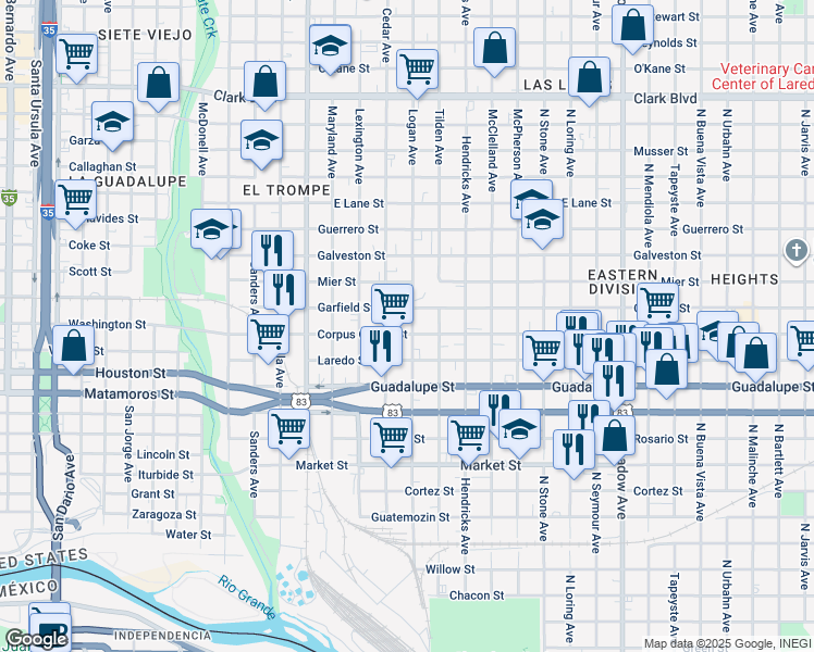map of restaurants, bars, coffee shops, grocery stores, and more near 718 Corpus Christi Street in Laredo