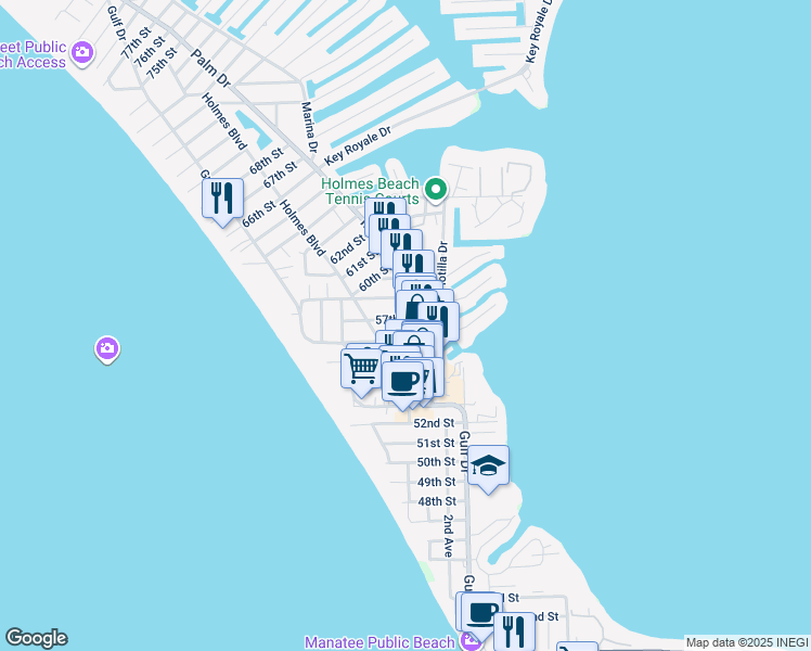 map of restaurants, bars, coffee shops, grocery stores, and more near 311 57th Street in Holmes Beach