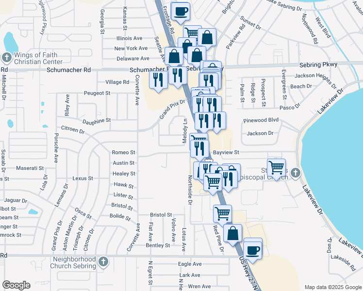 map of restaurants, bars, coffee shops, grocery stores, and more near 933 Forest Road in Sebring