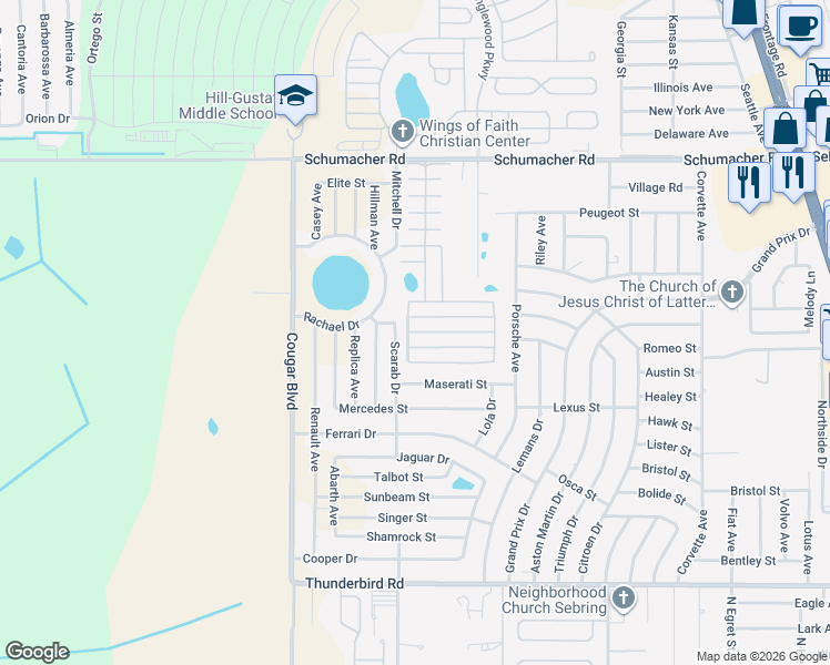 map of restaurants, bars, coffee shops, grocery stores, and more near 1001-1099 Contour Street in Sebring