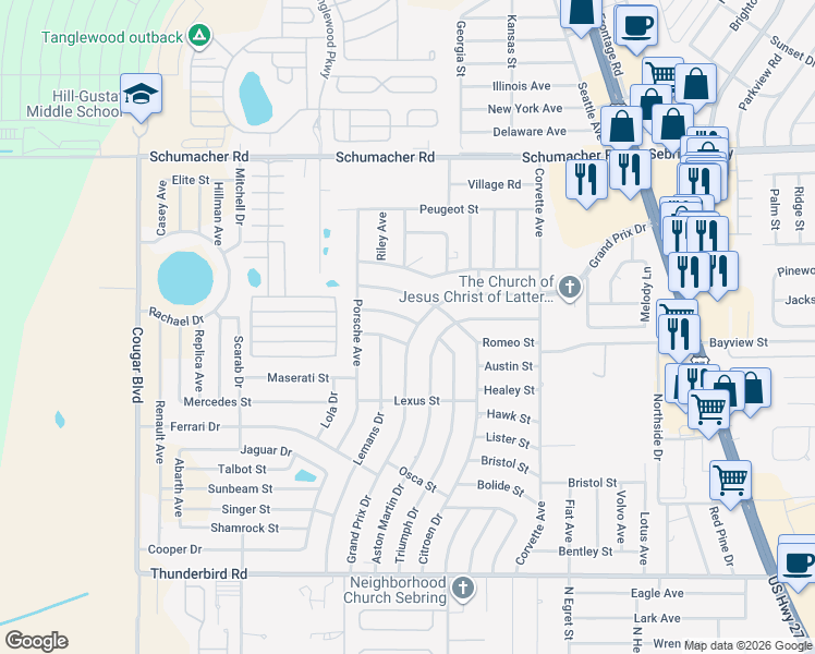 map of restaurants, bars, coffee shops, grocery stores, and more near 1109 Grand Prix Drive in Sebring