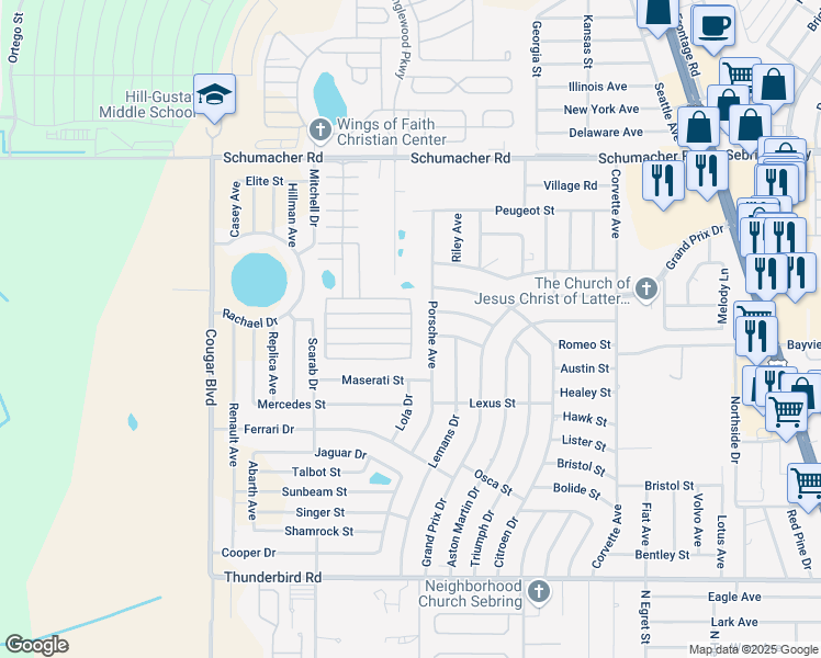 map of restaurants, bars, coffee shops, grocery stores, and more near 1092 Contour Street in Sebring