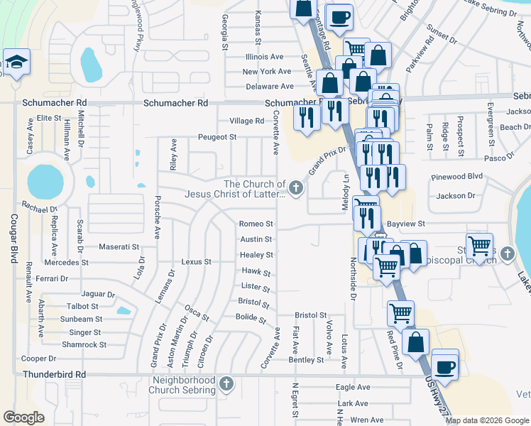 map of restaurants, bars, coffee shops, grocery stores, and more near 3321 Aston Martin Drive in Sebring