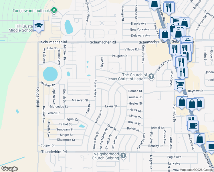 map of restaurants, bars, coffee shops, grocery stores, and more near 1109 Grand Prix Drive in Sebring
