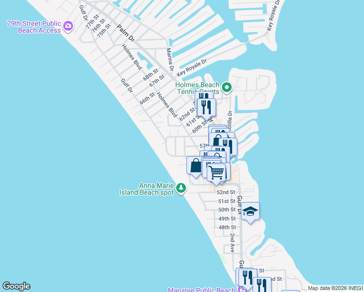 map of restaurants, bars, coffee shops, grocery stores, and more near 5605 Carissa Street in Holmes Beach