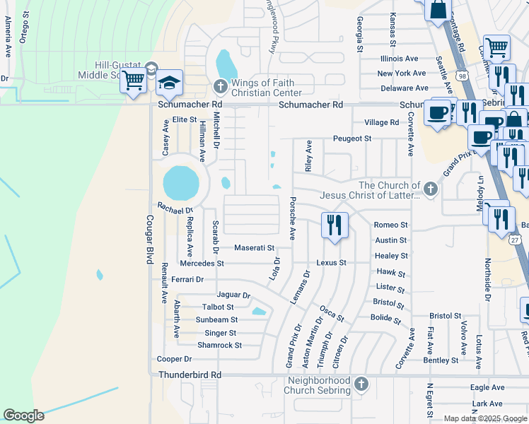 map of restaurants, bars, coffee shops, grocery stores, and more near 1092 Contour Street in Sebring