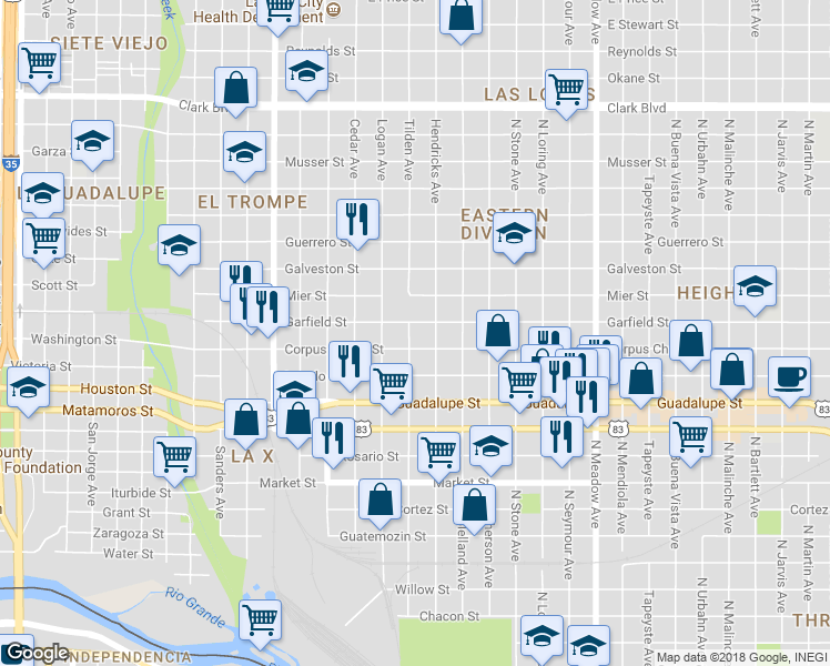 map of restaurants, bars, coffee shops, grocery stores, and more near 904 Corpus Christi St in Laredo