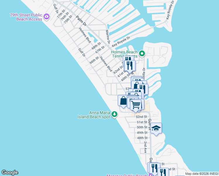 map of restaurants, bars, coffee shops, grocery stores, and more near 5615 Gulf Drive in Holmes Beach