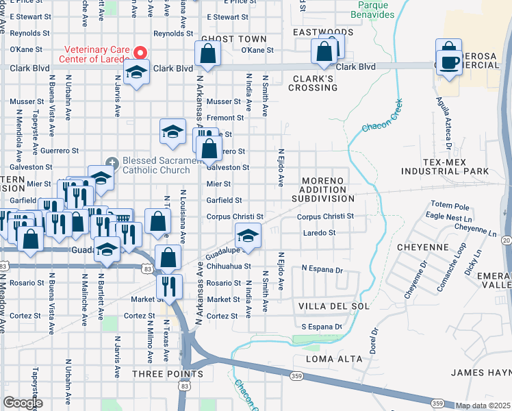 map of restaurants, bars, coffee shops, grocery stores, and more near 3105 Garfield Street in Laredo