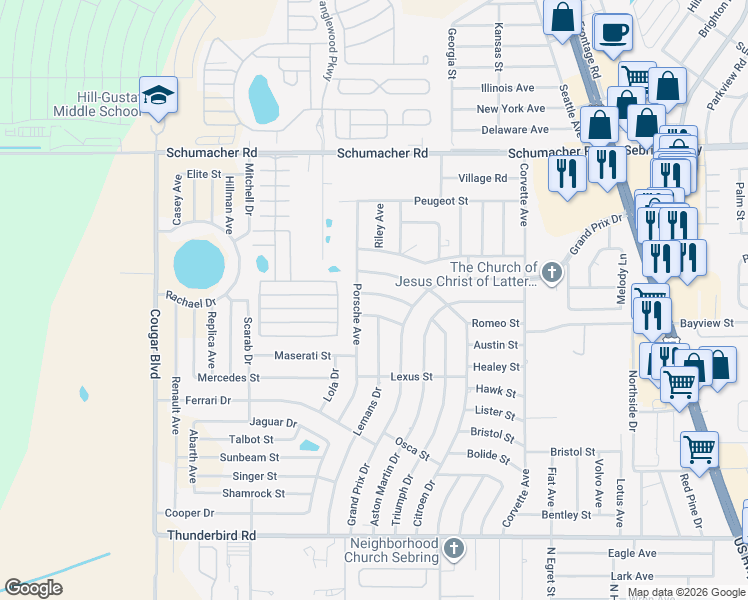 map of restaurants, bars, coffee shops, grocery stores, and more near 4001-4011 Alpine Street in Sebring