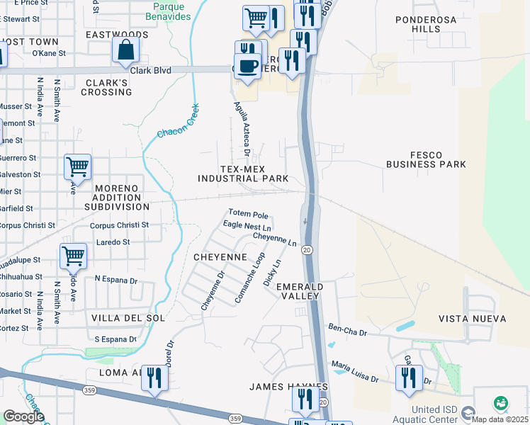 map of restaurants, bars, coffee shops, grocery stores, and more near 4040 Eagle Nest Lane in Laredo