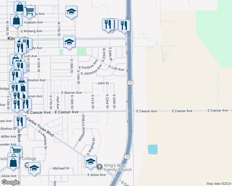 map of restaurants, bars, coffee shops, grocery stores, and more near 824 South 24th Street in Kingsville
