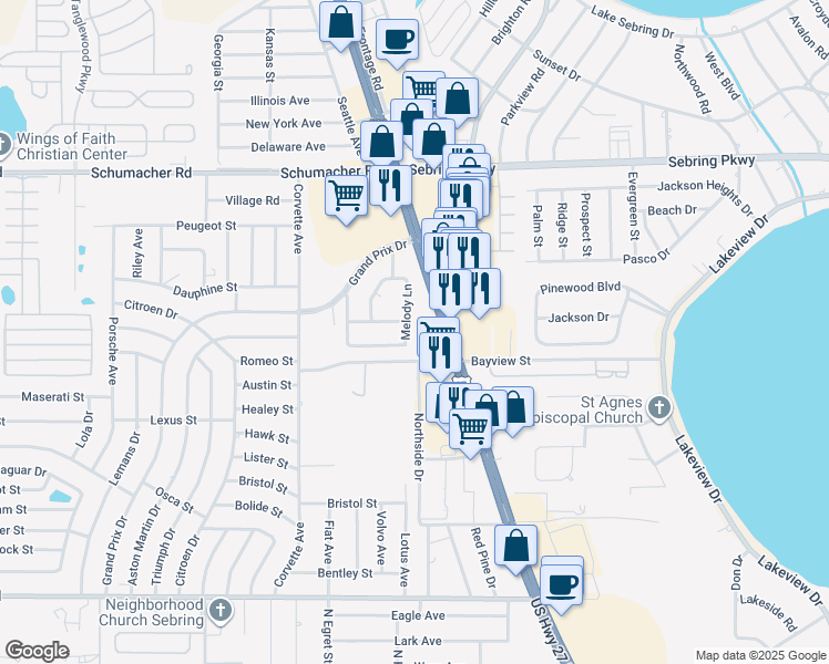 map of restaurants, bars, coffee shops, grocery stores, and more near 933 Forest Road in Sebring