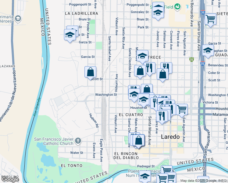 map of restaurants, bars, coffee shops, grocery stores, and more near 1005 Santa Isabel Avenue in Laredo