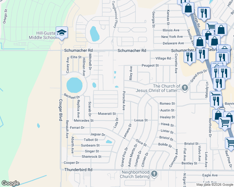 map of restaurants, bars, coffee shops, grocery stores, and more near 1113-1199 Dewitt Street in Sebring