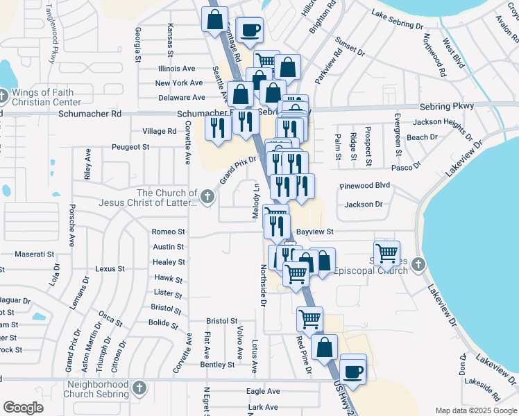map of restaurants, bars, coffee shops, grocery stores, and more near 1213 Melody Lane in Sebring