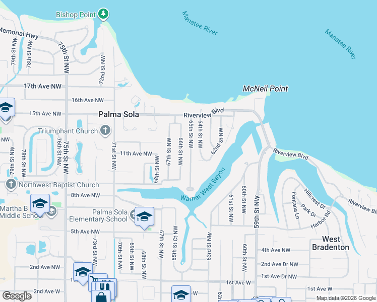 map of restaurants, bars, coffee shops, grocery stores, and more near 1216 65th Street Northwest in Bradenton