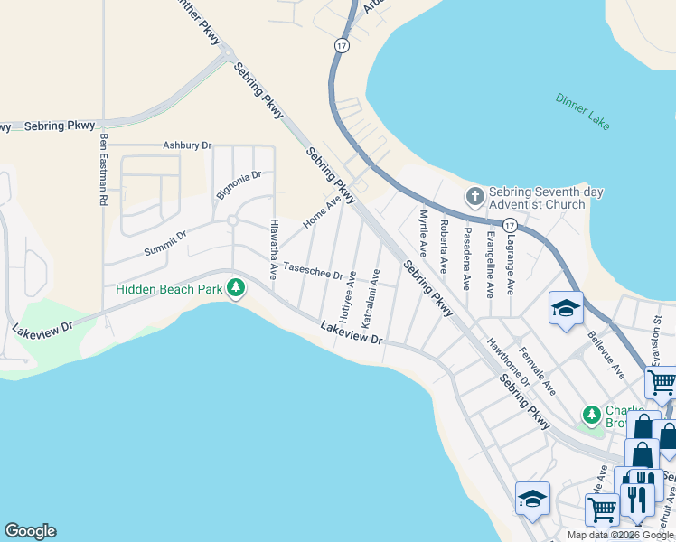 map of restaurants, bars, coffee shops, grocery stores, and more near 1901-1999 N Eucalyptus St in Sebring