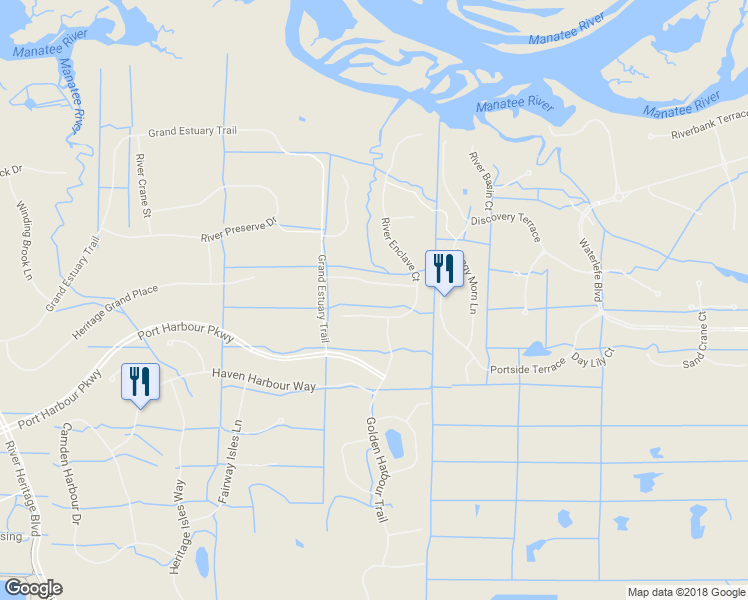 map of restaurants, bars, coffee shops, grocery stores, and more near 132 River Enclave Court in Bradenton