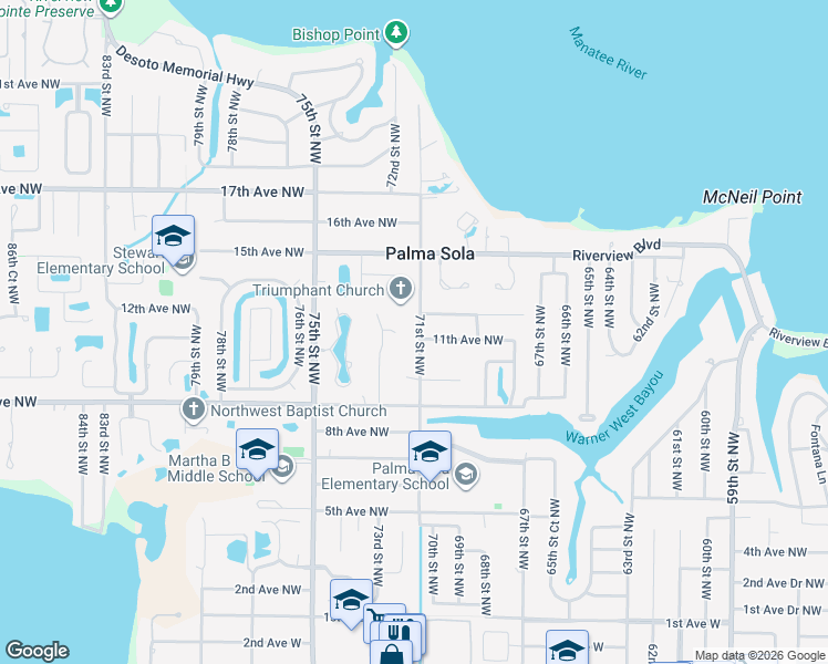 map of restaurants, bars, coffee shops, grocery stores, and more near 1115 71st Street Northwest in Bradenton