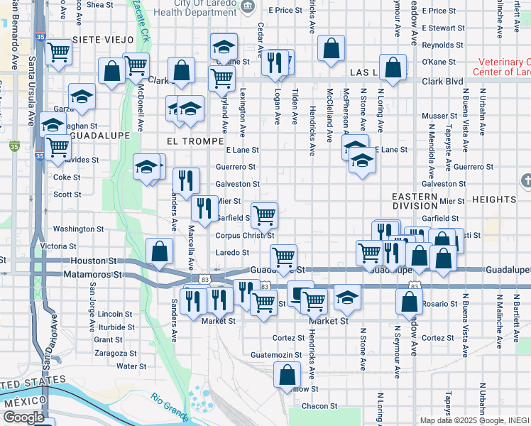 map of restaurants, bars, coffee shops, grocery stores, and more near 717 Mier Street in Laredo