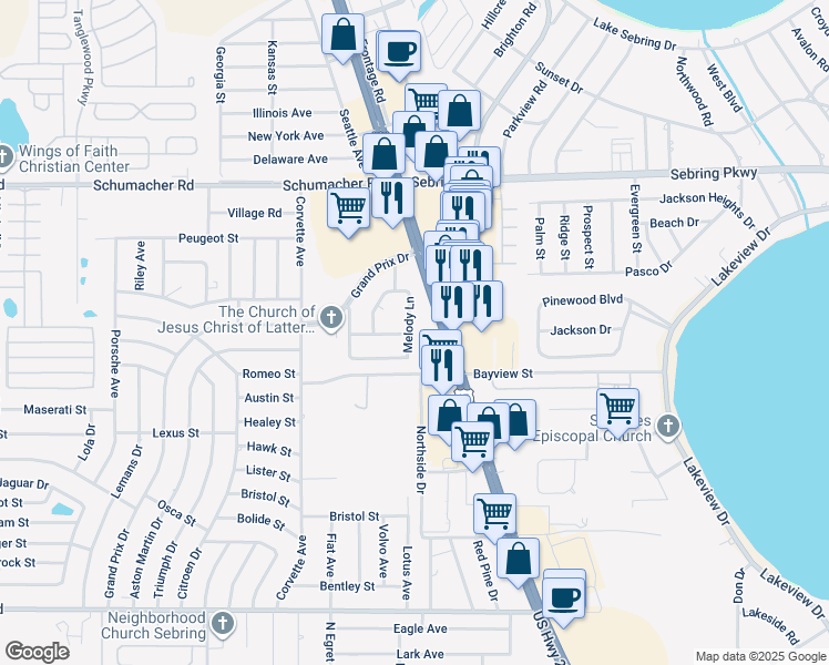 map of restaurants, bars, coffee shops, grocery stores, and more near 1213 Melody Lane in Sebring