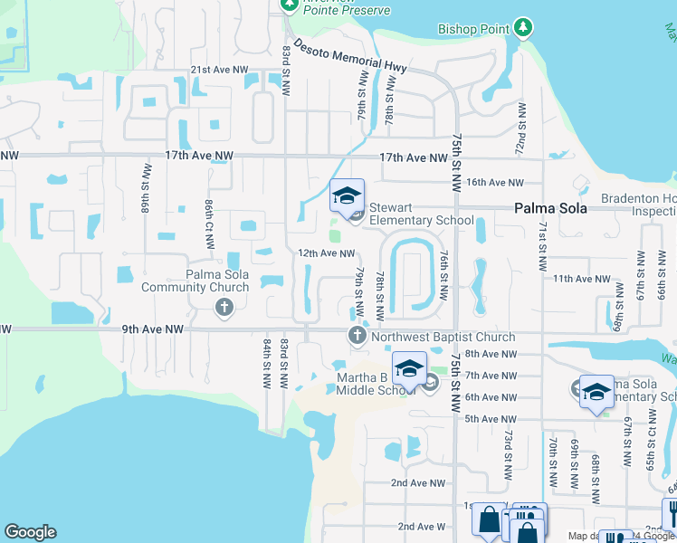 map of restaurants, bars, coffee shops, grocery stores, and more near 8011 12th Avenue Northwest in Bradenton