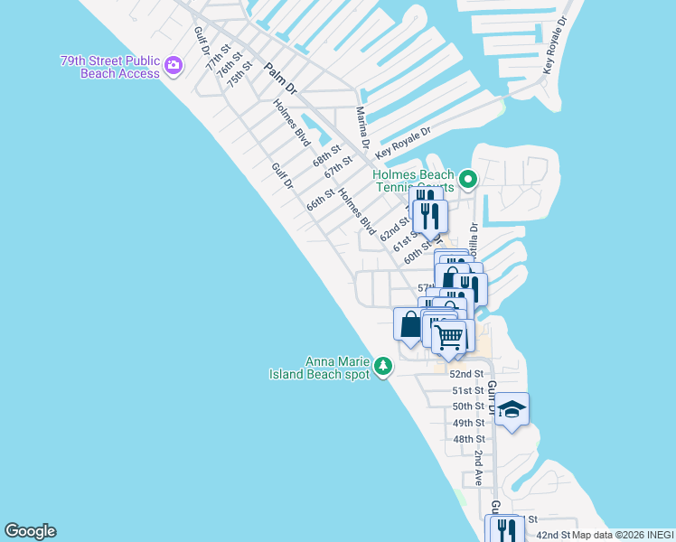 map of restaurants, bars, coffee shops, grocery stores, and more near 5808 Gulf Drive in Holmes Beach
