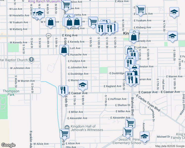 map of restaurants, bars, coffee shops, grocery stores, and more near 502 East Doddridge Avenue in Kingsville