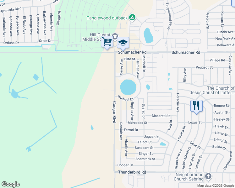map of restaurants, bars, coffee shops, grocery stores, and more near 1300-1498 Cougar Boulevard in Sebring