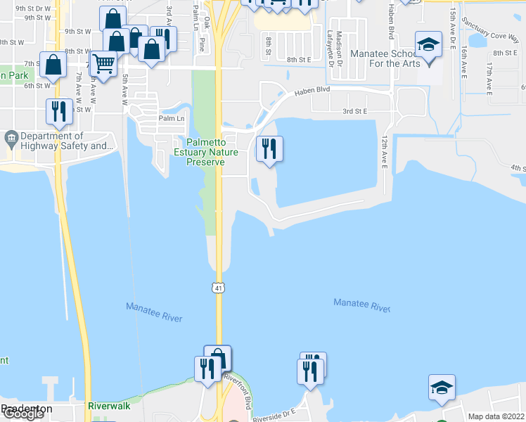 map of restaurants, bars, coffee shops, grocery stores, and more near 610 Riviera Dunes Way in Palmetto