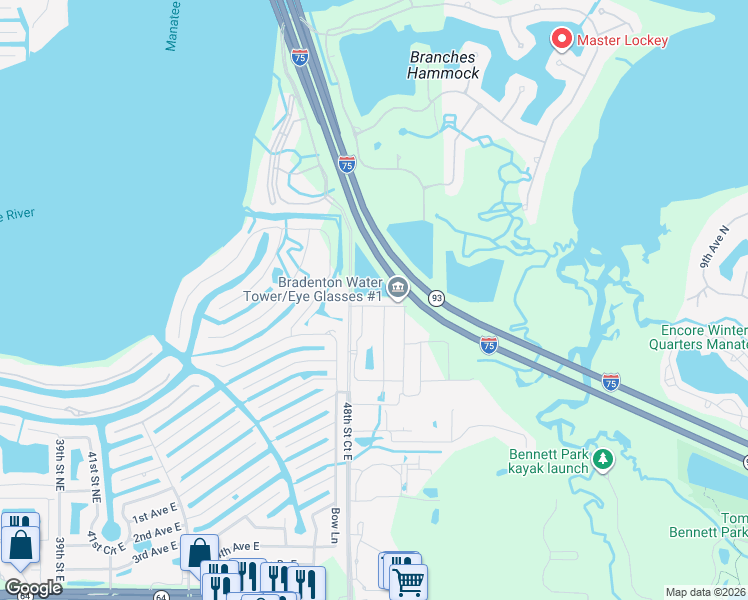 map of restaurants, bars, coffee shops, grocery stores, and more near 4807 San Ortebello Drive in Bradenton