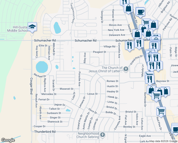 map of restaurants, bars, coffee shops, grocery stores, and more near 3861 Citroen Drive in Sebring