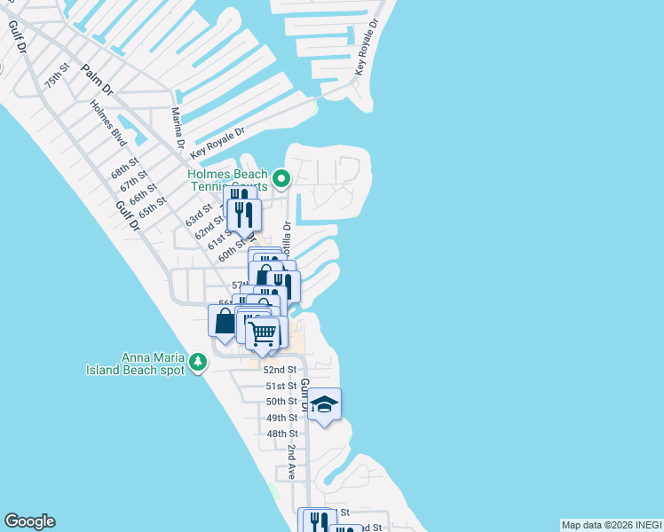 map of restaurants, bars, coffee shops, grocery stores, and more near 517 58th Street in Holmes Beach