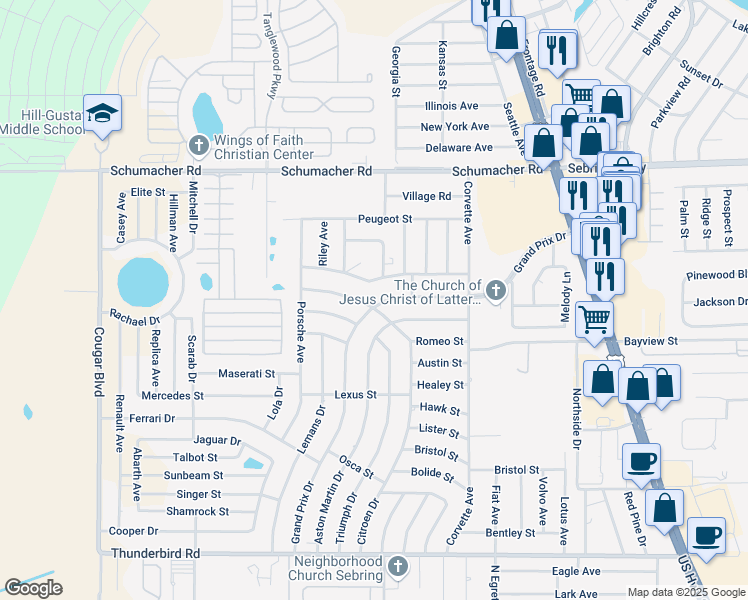 map of restaurants, bars, coffee shops, grocery stores, and more near 3724 Grand Prix Drive in Sebring