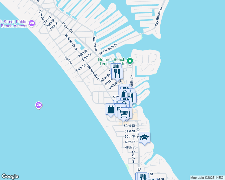 map of restaurants, bars, coffee shops, grocery stores, and more near 309A 59th Street in Holmes Beach