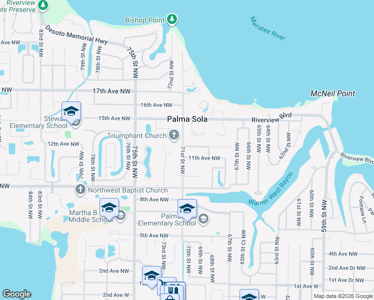 map of restaurants, bars, coffee shops, grocery stores, and more near 1115 71st Street Northwest in Bradenton