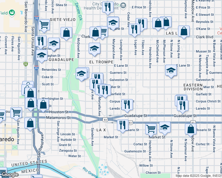 map of restaurants, bars, coffee shops, grocery stores, and more near 1520 Maryland Avenue in Laredo