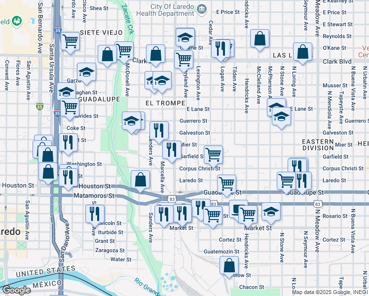 map of restaurants, bars, coffee shops, grocery stores, and more near 1520 Maryland Avenue in Laredo