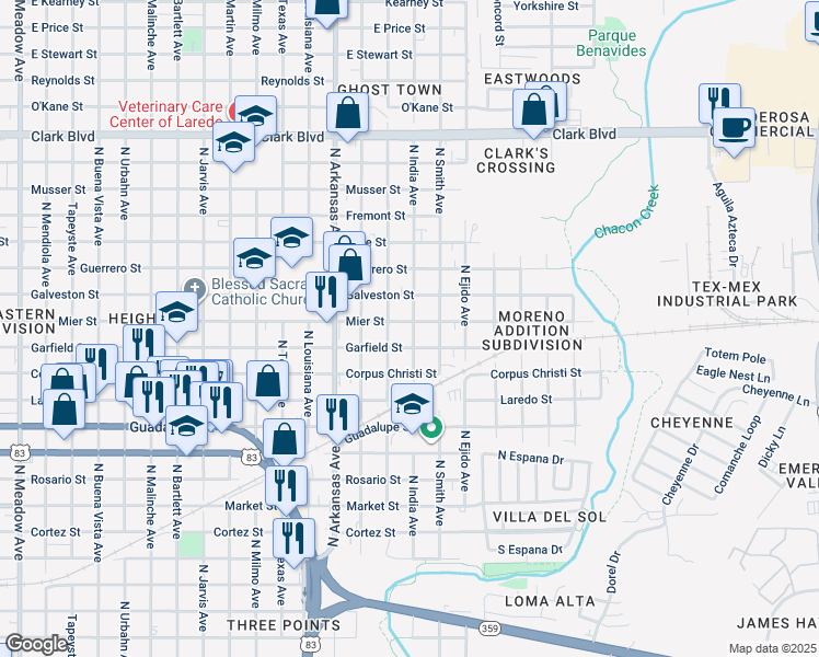 map of restaurants, bars, coffee shops, grocery stores, and more near 1520 North India Avenue in Laredo