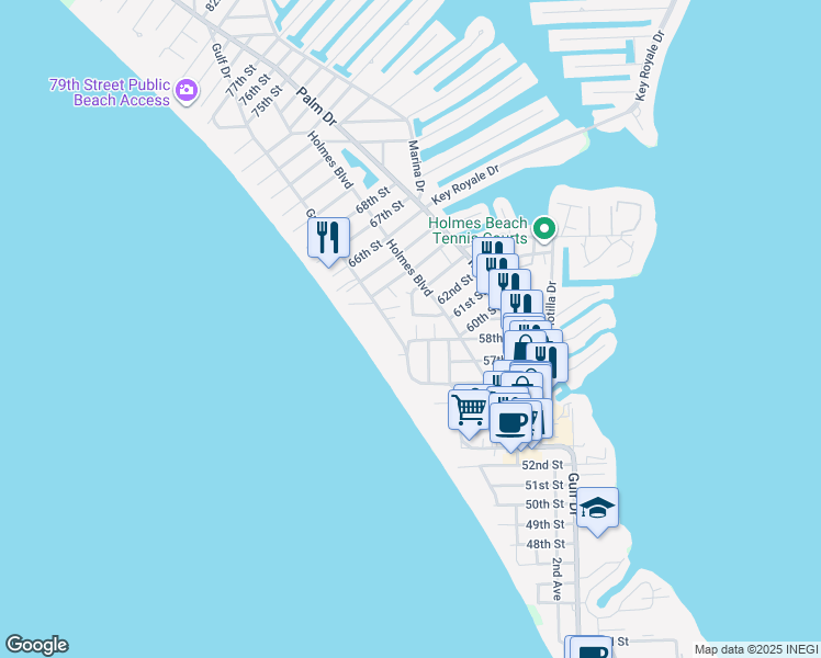 map of restaurants, bars, coffee shops, grocery stores, and more near 5804 De Palmas Avenue in Holmes Beach