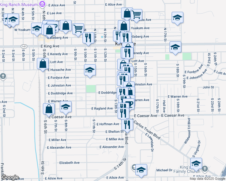 map of restaurants, bars, coffee shops, grocery stores, and more near 808-810 East Doddridge Avenue in Kingsville