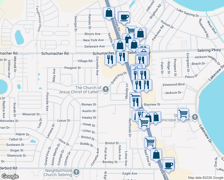 map of restaurants, bars, coffee shops, grocery stores, and more near 1218 Forest Road in Sebring