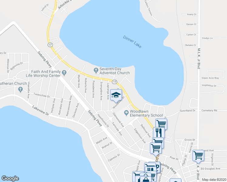 map of restaurants, bars, coffee shops, grocery stores, and more near 1719 Theon Court in Sebring