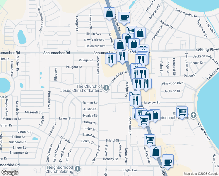 map of restaurants, bars, coffee shops, grocery stores, and more near 1218 Forest Road in Sebring