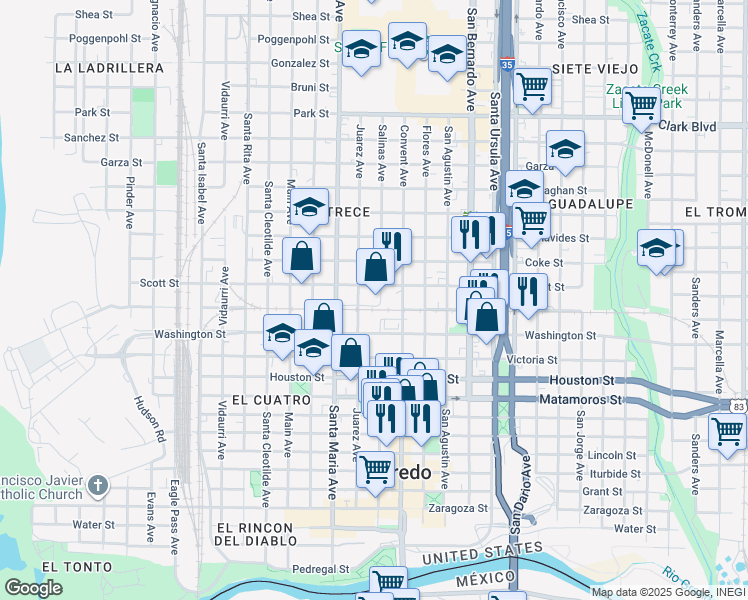 map of restaurants, bars, coffee shops, grocery stores, and more near 1208 Salinas Avenue in Laredo