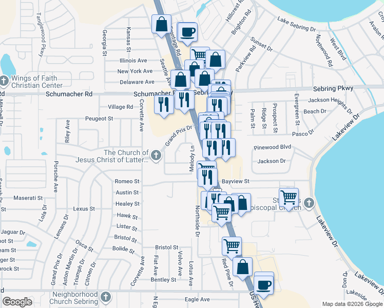 map of restaurants, bars, coffee shops, grocery stores, and more near 1213 Melody Lane in Sebring