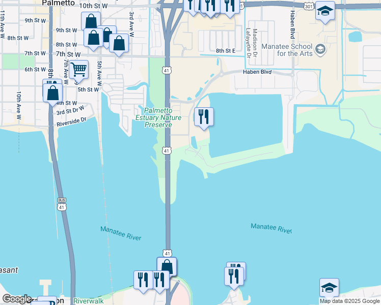 map of restaurants, bars, coffee shops, grocery stores, and more near 611 Riviera Dunes Way in Palmetto