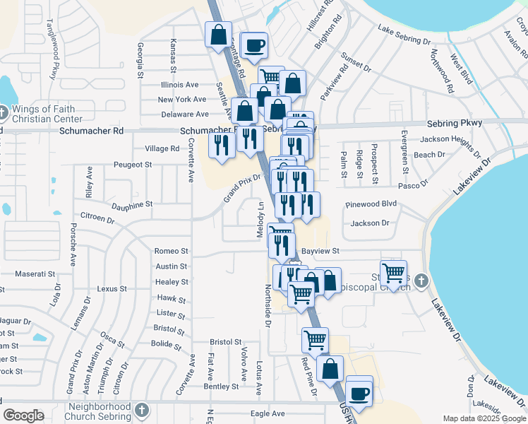 map of restaurants, bars, coffee shops, grocery stores, and more near 1213 Melody Lane in Sebring